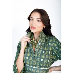 Holly Shae Ruth Tunic Top Green Fall Mushroom Microprint Cotton Poplin M/L